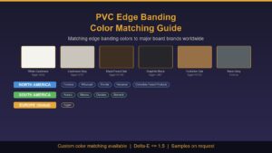 PVC Edge Banding Color Matching - showing color swatches matching Egger and Formica board brands for North America, South America, and Europe markets